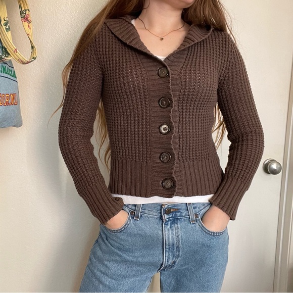 Y2K AEROPOSTALE BROWN KNIT CARDIGAN SWEATER WITH HOOD✨ - Picture 1 of 8